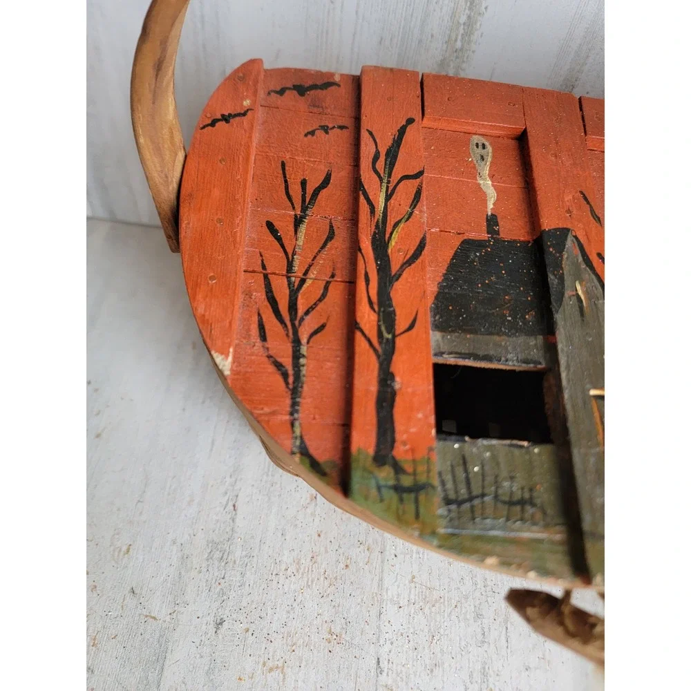 Unique vintage wooden trick or treat Halloween basket candy slot haunted house